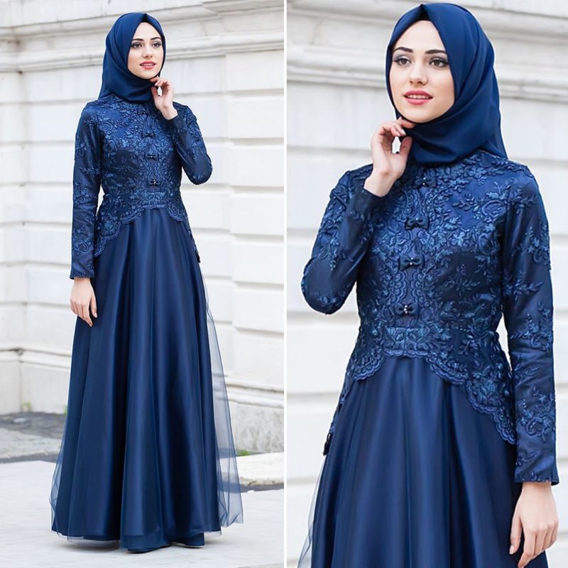 gaun brokat muslim berwarna biru tua untuk pesta